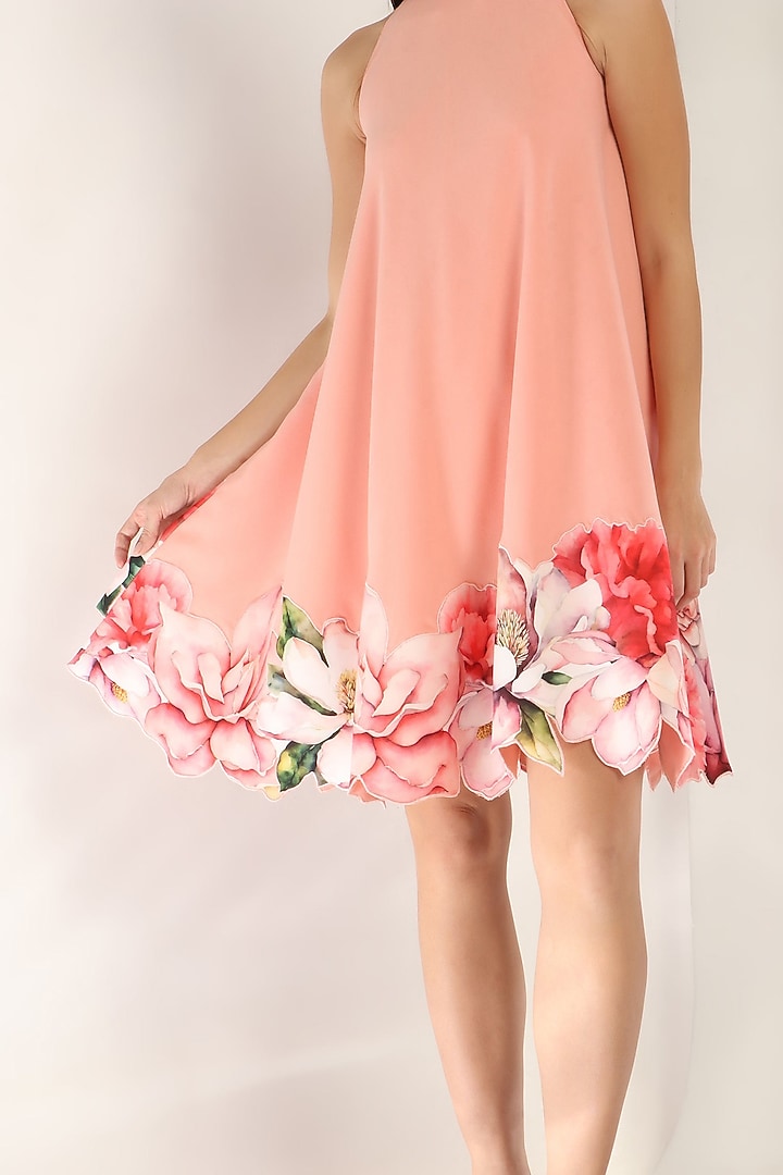 Peach Neoprene Hand-Sculpted Floral Applique Work Summer Dress by OZEQO at Pernia's Pop Up Shop