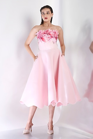 Blush Neoprene Midi Dress With Floral Embroidered Wrap by OZEQO