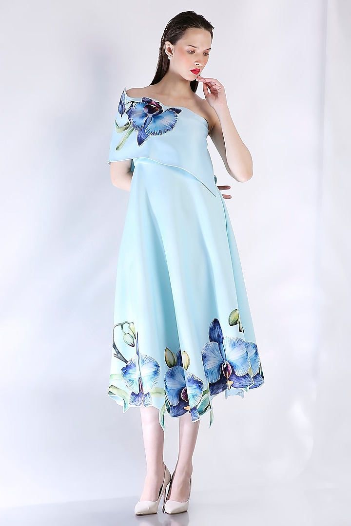 Blue Neoprene Floral Embroidered Midi Vacation Dress With Wrap by OZEQO at Pernia's Pop Up Shop