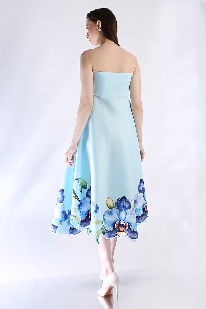 Blue Neoprene Floral Embroidered Midi Vacation Dress With Wrap by OZEQO at Pernia's Pop Up Shop