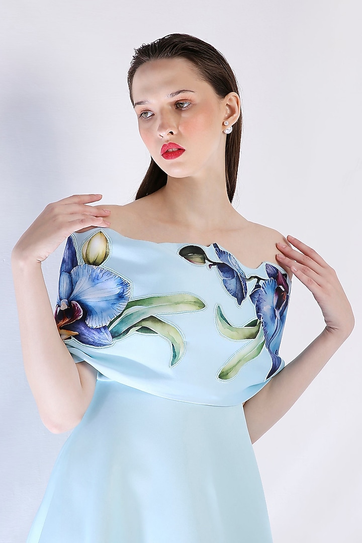 Blue Neoprene Floral Embroidered Midi Vacation Dress With Wrap by OZEQO at Pernia's Pop Up Shop