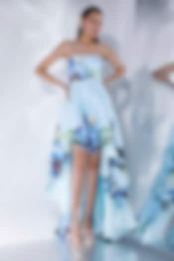 Sky Blue Neoprene Cutwork & Floral Printed Vacation Dress With Wrap by OZEQO at Pernia's Pop Up Shop