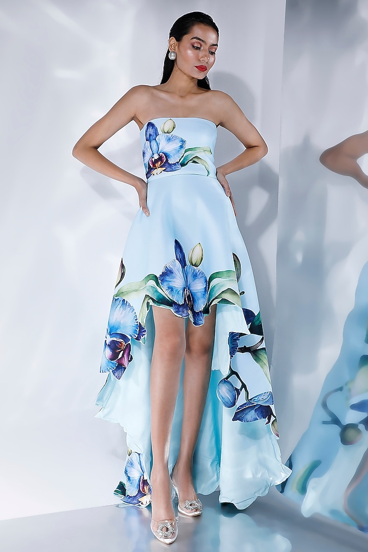 Sky Blue Neoprene Cutwork & Floral Printed Vacation Dress With Wrap by OZEQO at Pernia's Pop Up Shop