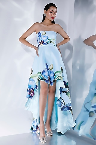 Sky Blue Neoprene Cutwork & Floral Printed Dress With Wrap by OZEQO