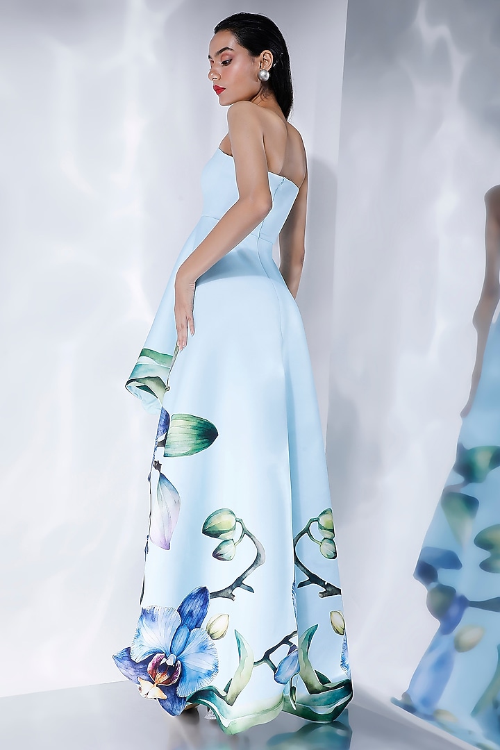 Sky Blue Neoprene Cutwork & Floral Printed Vacation Dress With Wrap by OZEQO at Pernia's Pop Up Shop