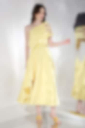 Yellow Neoprene Flared Vacation Dress With Cutout Wrap by OZEQO at Pernia's Pop Up Shop