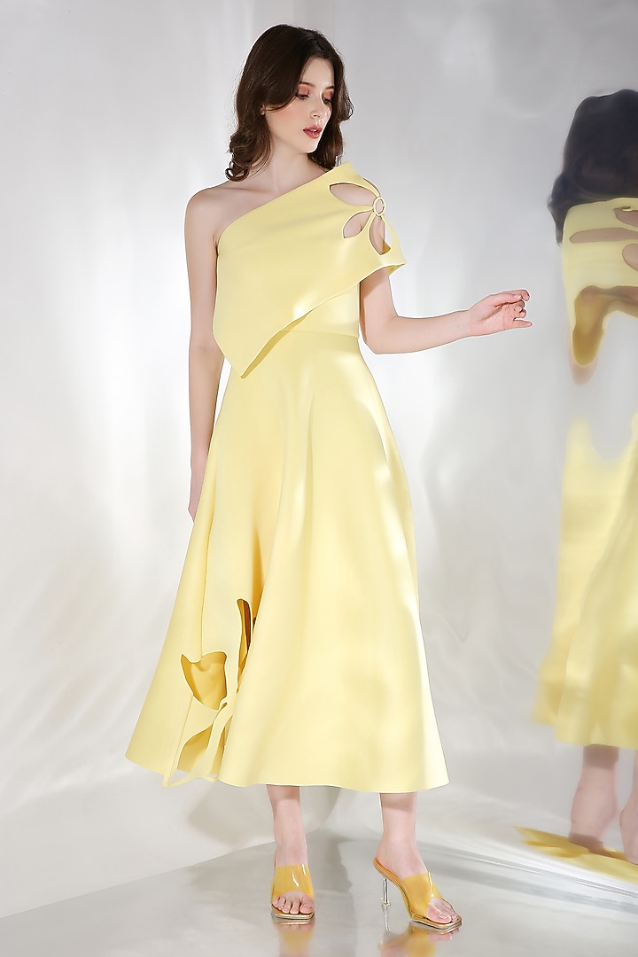 Yellow Neoprene Flared Vacation Dress With Cutout Wrap by OZEQO at Pernia's Pop Up Shop