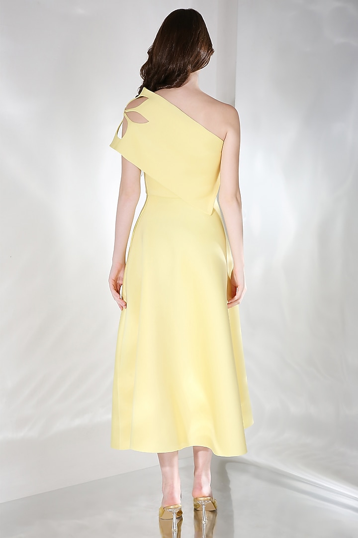 Yellow Neoprene Flared Vacation Dress With Cutout Wrap by OZEQO at Pernia's Pop Up Shop