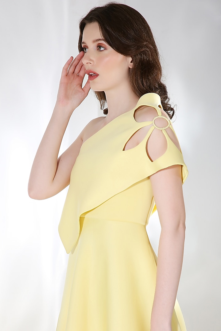 Yellow Neoprene Flared Vacation Dress With Cutout Wrap by OZEQO at Pernia's Pop Up Shop