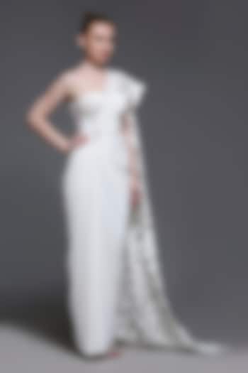 White Neoprene Ruched Draped Skirt Set by OZEQO at Pernia's Pop Up Shop