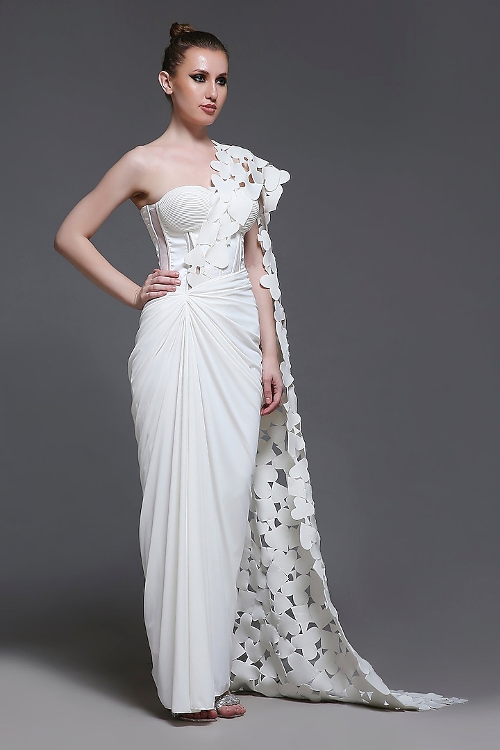 White Neoprene Ruched Draped Skirt Set by OZEQO at Pernia's Pop Up Shop