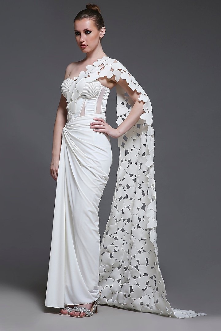 White Neoprene Ruched Draped Skirt Set by OZEQO at Pernia's Pop Up Shop