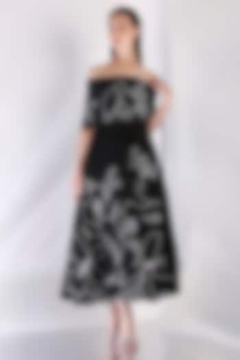 Navy Neoprene Floral Embroidered Off-Shoulder Cocktail Dress With Wrap by OZEQO at Pernia's Pop Up Shop