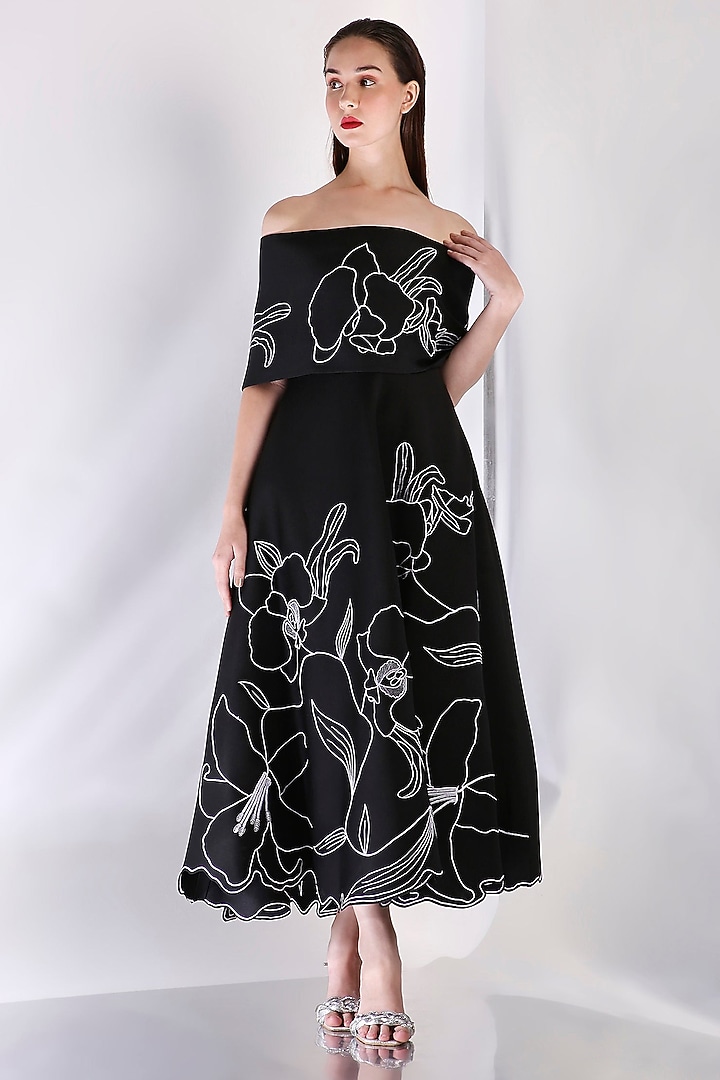 Navy Neoprene Floral Embroidered Off-Shoulder Cocktail Dress With Wrap by OZEQO at Pernia's Pop Up Shop