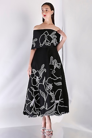 Navy Neoprene Floral Embroidered Off-Shoulder Dress With Wrap by OZEQO