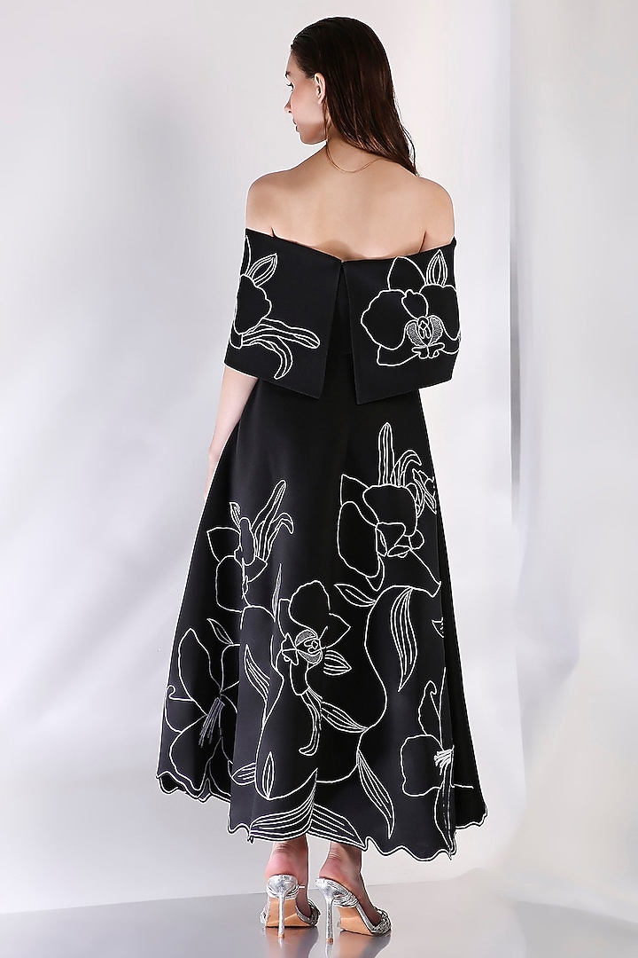 Navy Neoprene Floral Embroidered Off-Shoulder Cocktail Dress With Wrap by OZEQO at Pernia's Pop Up Shop