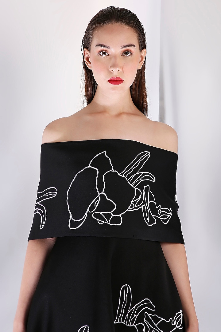 Navy Neoprene Floral Embroidered Off-Shoulder Cocktail Dress With Wrap by OZEQO at Pernia's Pop Up Shop