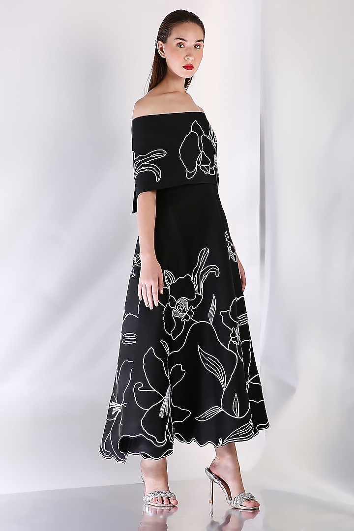 Navy Neoprene Floral Embroidered Off-Shoulder Cocktail Dress With Wrap by OZEQO at Pernia's Pop Up Shop
