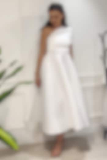 Off-White Neoprene Flared Summer Dress With Wrap by OZEQO at Pernia's Pop Up Shop