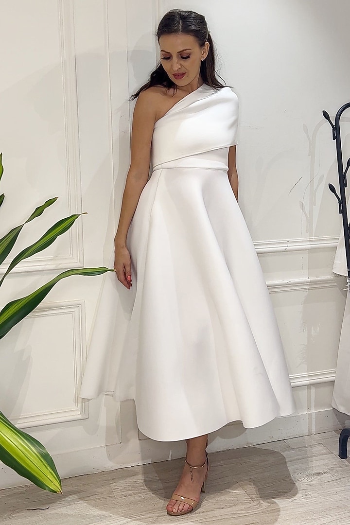 Off-White Neoprene Flared Summer Dress With Wrap by OZEQO at Pernia's Pop Up Shop