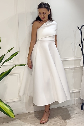 Off-White Neoprene Flared Dress With Wrap by OZEQO