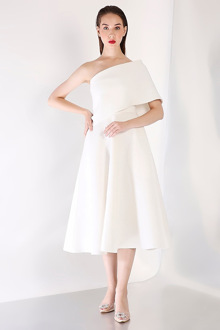 Off-White Neoprene Flared Summer Dress With Wrap by OZEQO at Pernia's Pop Up Shop