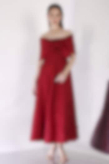 Red Neoprene Midi Vacation Dress With Wrap by OZEQO at Pernia's Pop Up Shop