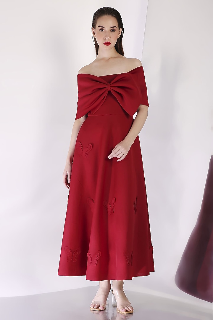 Red Neoprene Midi Vacation Dress With Wrap by OZEQO at Pernia's Pop Up Shop