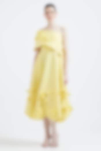Sunshine Yellow Neoprene Floral Applique Embroidered Vacation Dress With Overlay by OZEQO at Pernia's Pop Up Shop