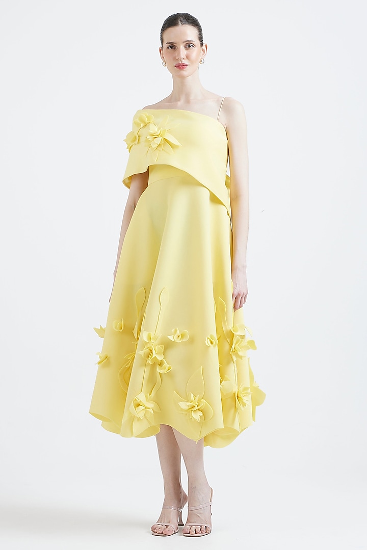 Sunshine Yellow Neoprene Floral Applique Embroidered Vacation Dress With Overlay by OZEQO at Pernia's Pop Up Shop