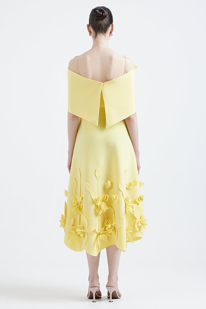 Sunshine Yellow Neoprene Floral Applique Embroidered Vacation Dress With Overlay by OZEQO at Pernia's Pop Up Shop