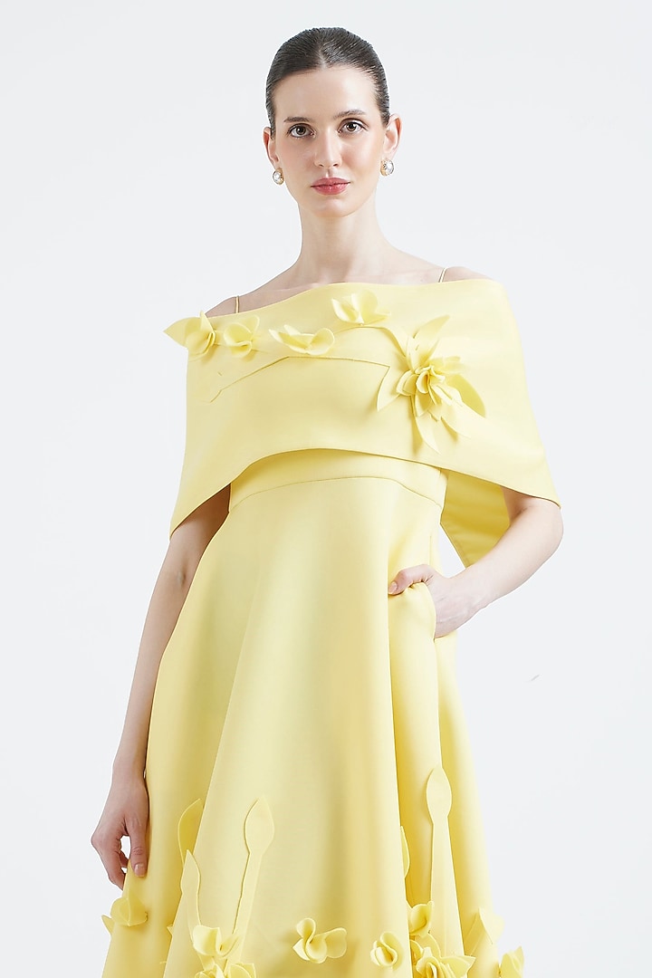 Sunshine Yellow Neoprene Floral Applique Embroidered Vacation Dress With Overlay by OZEQO at Pernia's Pop Up Shop