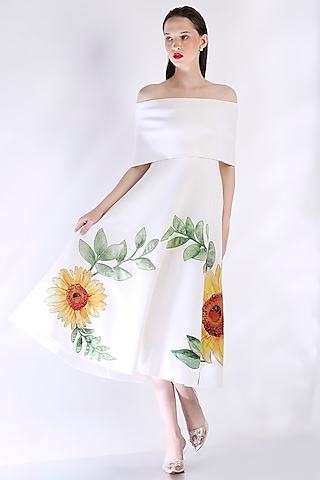 White Neoprene Floral Embroidered Tube Dress With Wrap by OZEQO