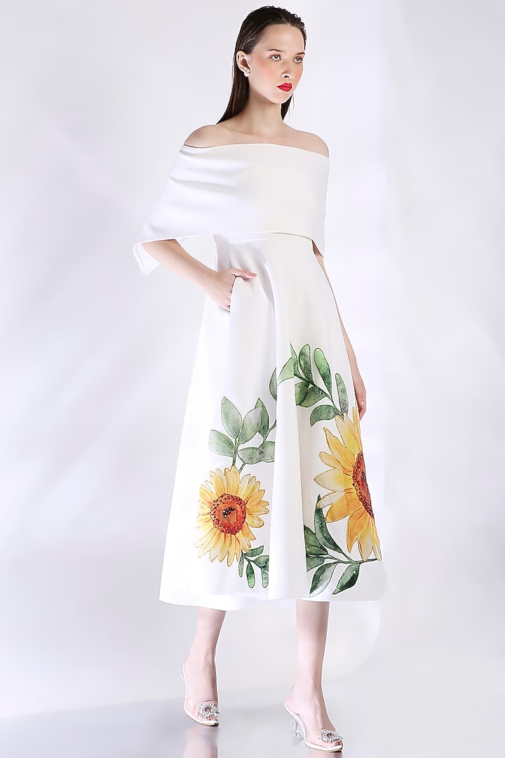 White Neoprene Floral Embroidered Tube Vacation Dress With Wrap by OZEQO at Pernia's Pop Up Shop
