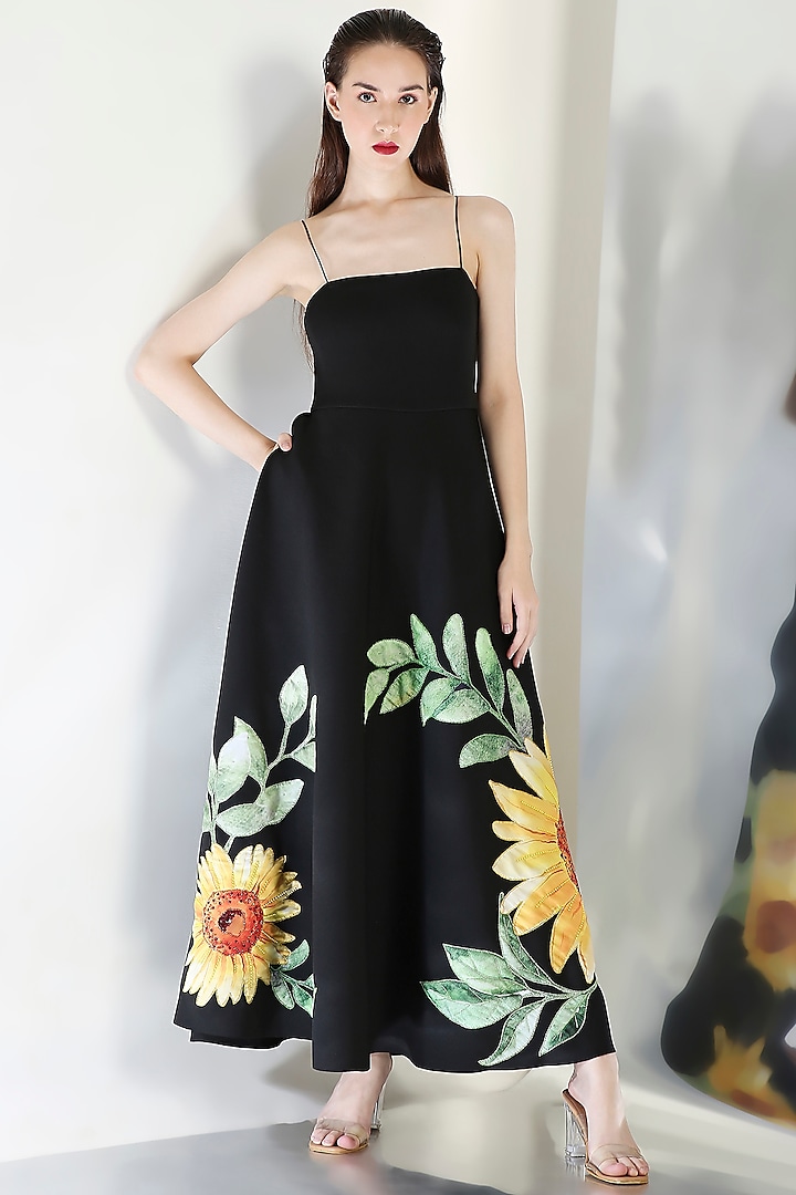 Black Neoprene Floral Motif Embroidered Tube Vacation Dress by OZEQO at Pernia's Pop Up Shop
