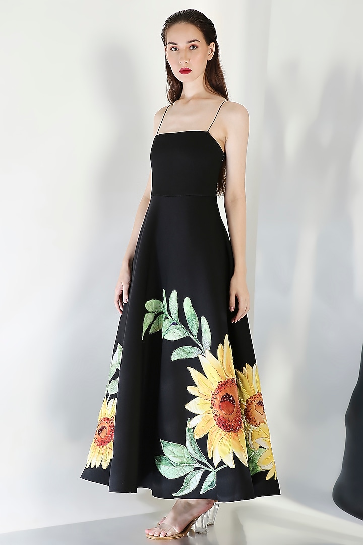 Black Neoprene Floral Motif Embroidered Tube Vacation Dress by OZEQO at Pernia's Pop Up Shop
