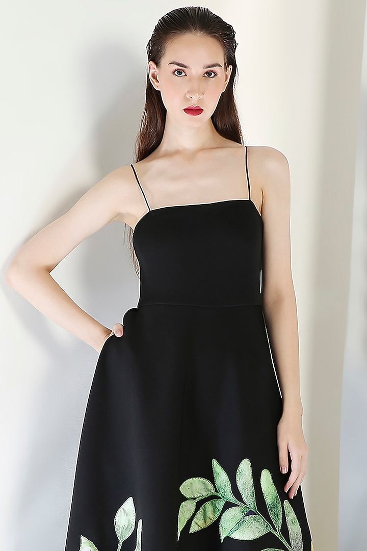 Black Neoprene Floral Motif Embroidered Tube Vacation Dress by OZEQO at Pernia's Pop Up Shop