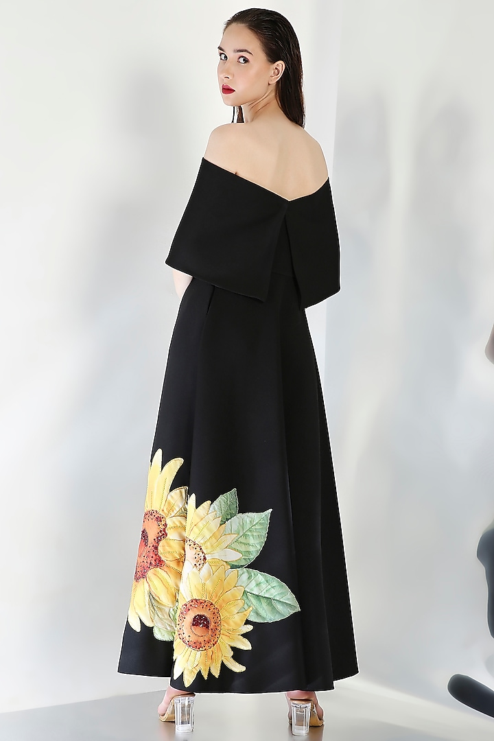 Black Neoprene Floral Embroidered Tube Vacation Dress With Wrap by OZEQO at Pernia's Pop Up Shop