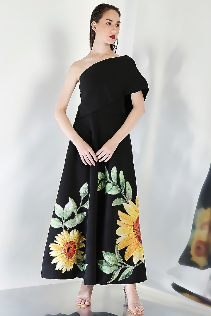 Black Neoprene Floral Embroidered Tube Vacation Dress With Wrap by OZEQO at Pernia's Pop Up Shop