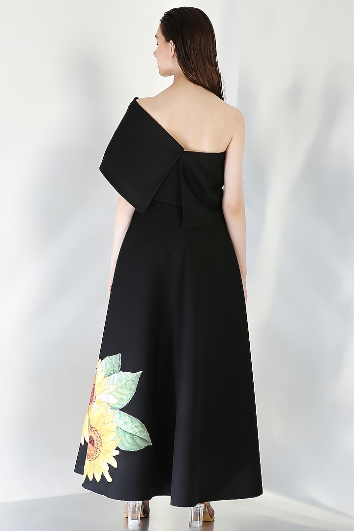 Black Neoprene Floral Embroidered Tube Vacation Dress With Wrap by OZEQO at Pernia's Pop Up Shop