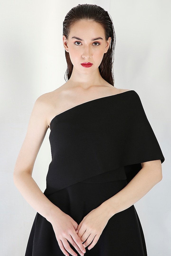 Black Neoprene Floral Embroidered Tube Vacation Dress With Wrap by OZEQO at Pernia's Pop Up Shop