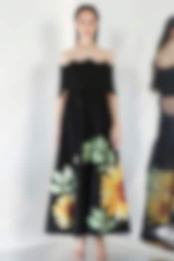 Black Neoprene Floral Embroidered Tube Cocktail Dress With Wrap by OZEQO at Pernia's Pop Up Shop