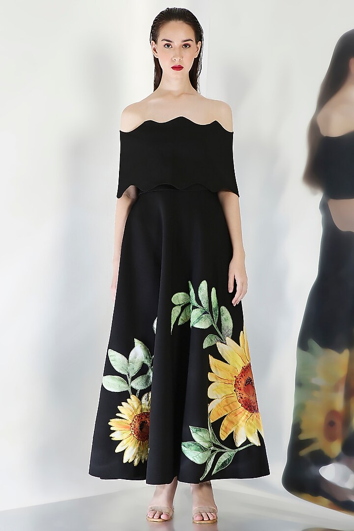 Black Neoprene Floral Embroidered Tube Cocktail Dress With Wrap by OZEQO at Pernia's Pop Up Shop