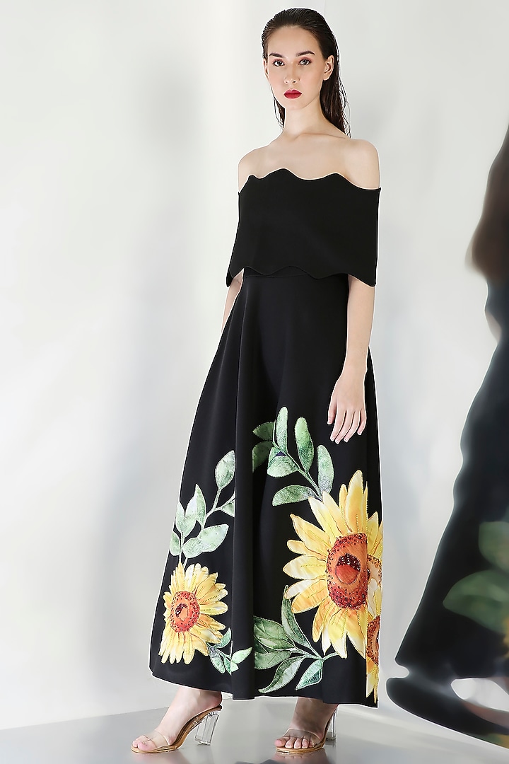 Black Neoprene Floral Embroidered Tube Cocktail Dress With Wrap by OZEQO at Pernia's Pop Up Shop