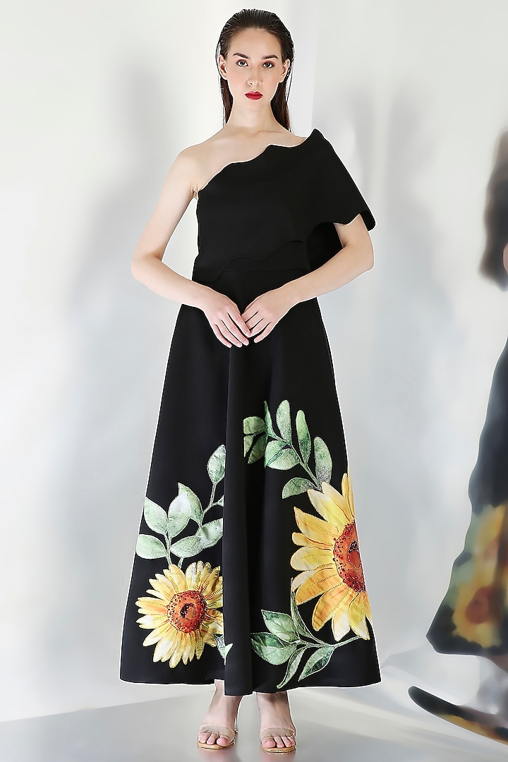 Black Neoprene Floral Embroidered Tube Cocktail Dress With Wrap by OZEQO at Pernia's Pop Up Shop