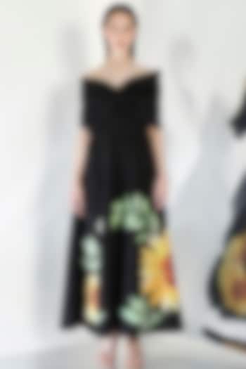 Black Neoprene Floral Embroidered Tube Cocktail Dress With Wrap by OZEQO at Pernia's Pop Up Shop