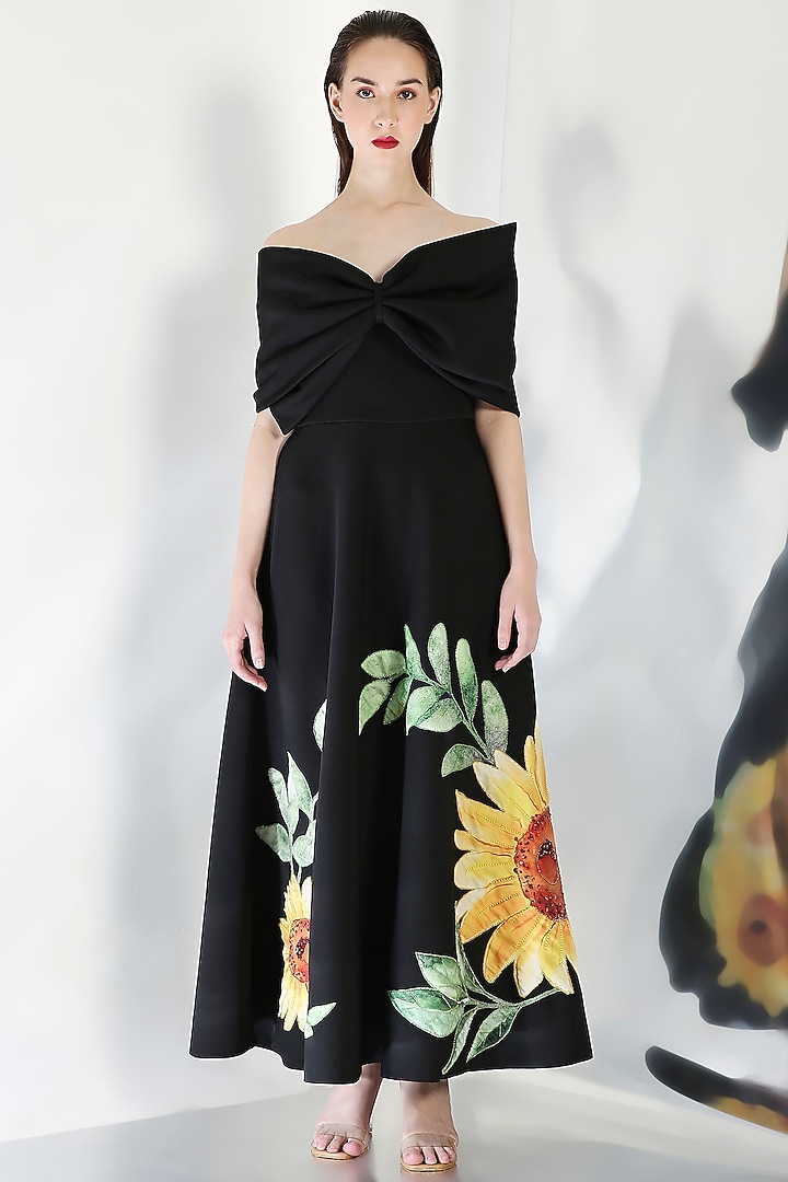 Black Neoprene Floral Embroidered Tube Cocktail Dress With Wrap by OZEQO at Pernia's Pop Up Shop