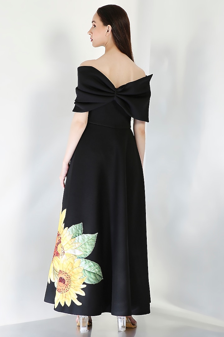 Black Neoprene Floral Embroidered Tube Cocktail Dress With Wrap by OZEQO at Pernia's Pop Up Shop