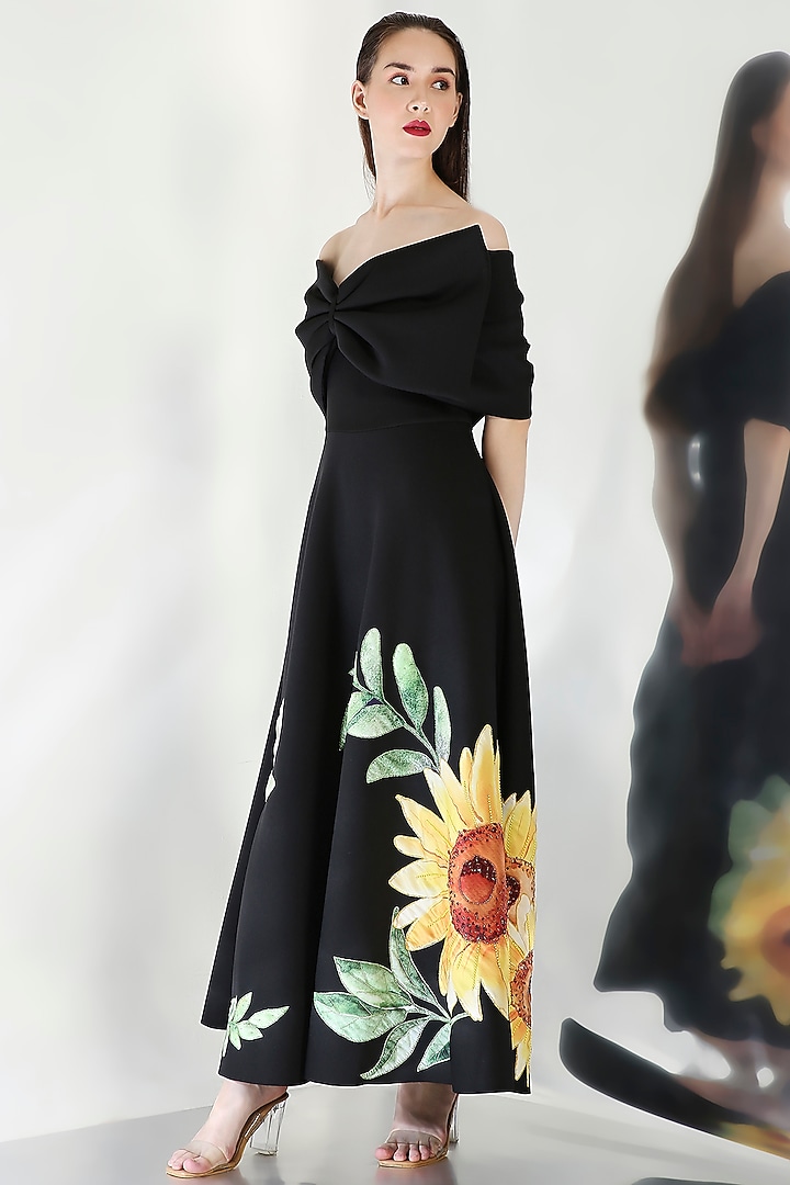 Black Neoprene Floral Embroidered Tube Cocktail Dress With Wrap by OZEQO at Pernia's Pop Up Shop
