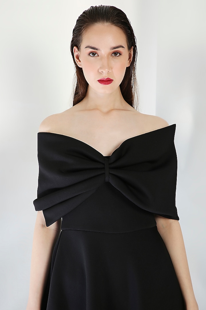 Black Neoprene Floral Embroidered Tube Cocktail Dress With Wrap by OZEQO at Pernia's Pop Up Shop